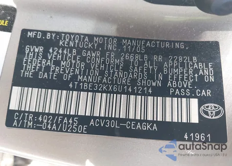 2006 Toyota Camry Xle из США, поврежденный, VIN 4T1BE32KX6U141214